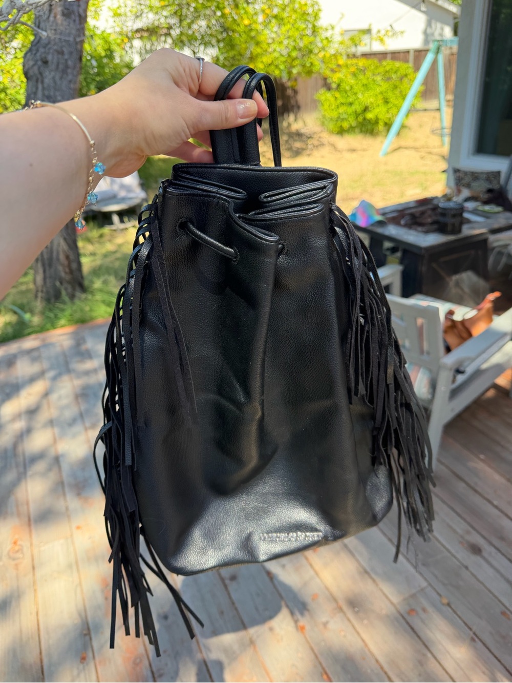 Victoria’s Secret Fringe Backpack Black Faux Leather Boho Y2K